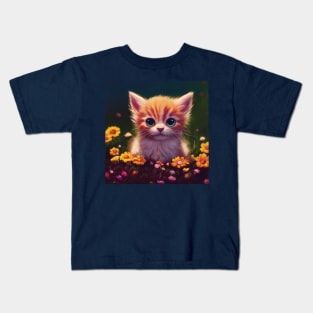 Kitten in field of flowers Kids T-Shirt